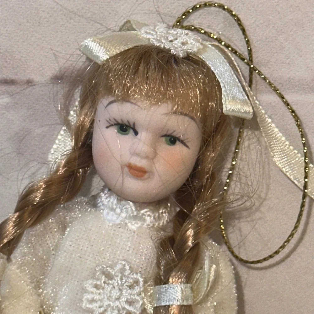 Vintage Porcelain Doll Christmas Ornament Cream Lace Dress Braids 5 Inch
